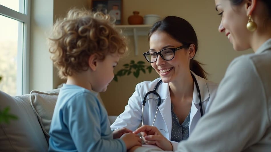 A pediatrician providing care to a child in their home environment.